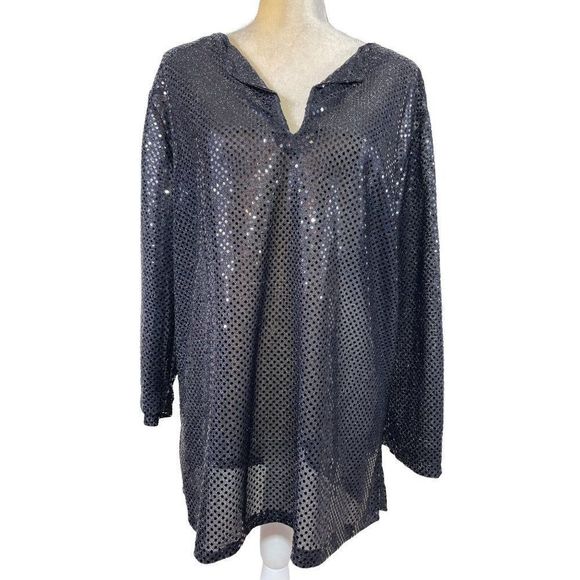 Vintage Tops - PLUS SIZE 2X 70s Vintage Handmade Black Sheer Sequin 3/4 Sleeve Disco Tunic